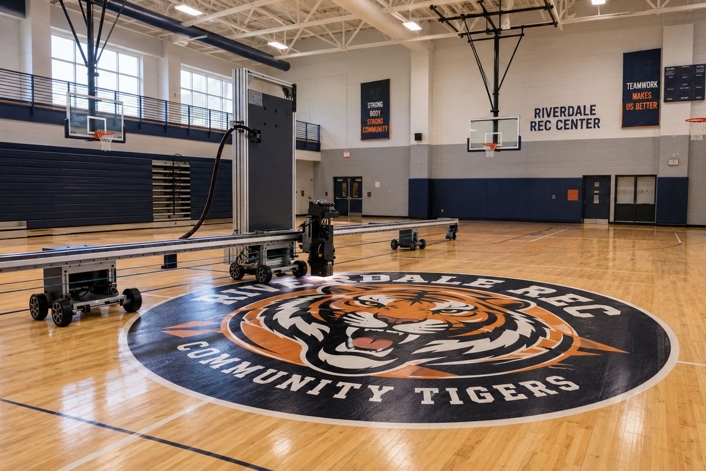 A printed team logo at center court in a recreation center gym, with the floor printer on its rail beside it