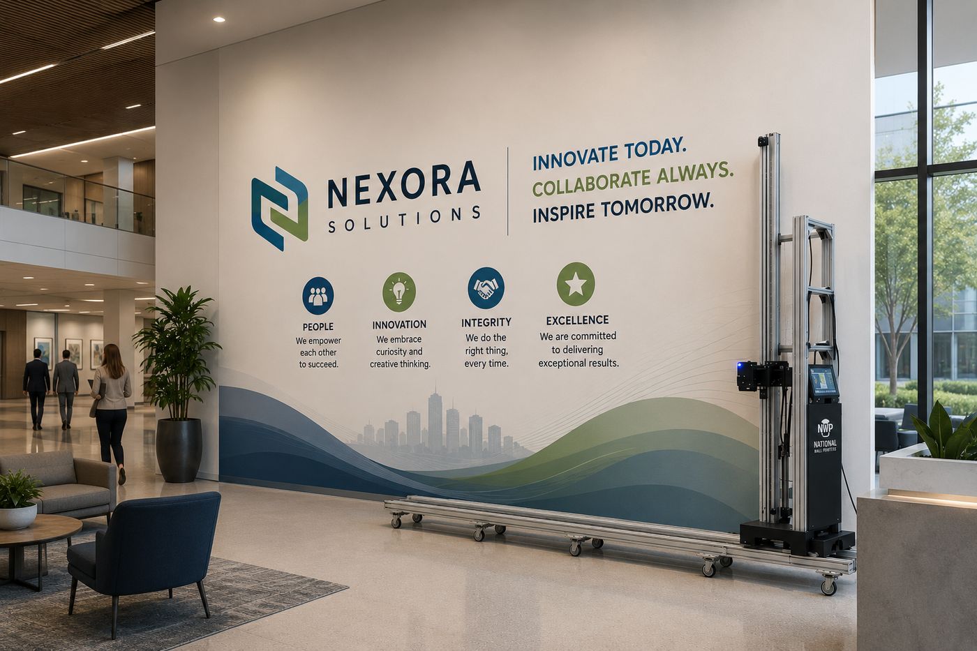 A printed brand and values wall in a corporate lobby, with the wall printer on its rail beside it