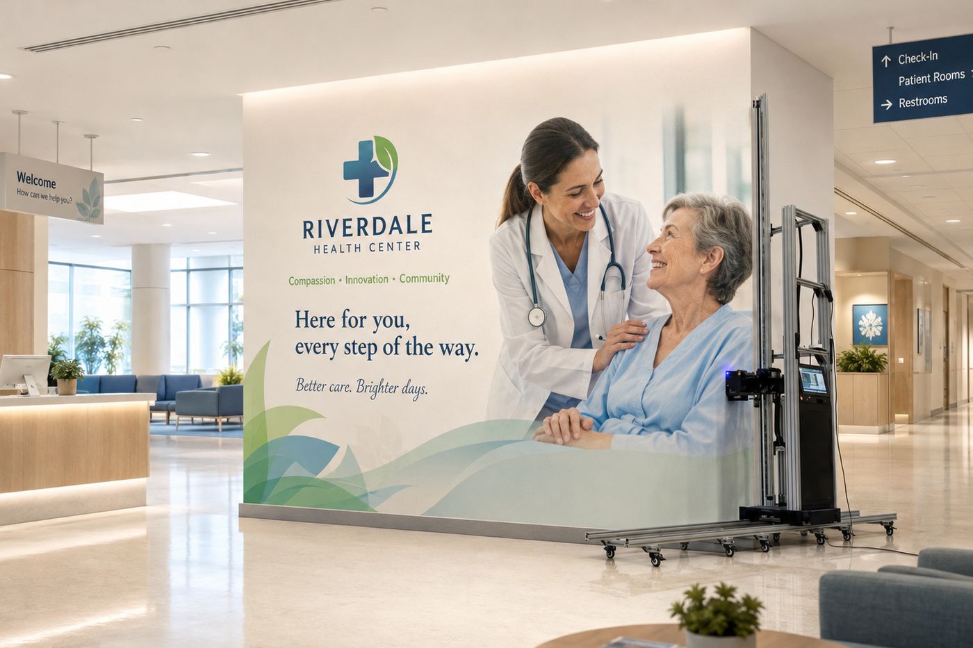 A printed welcome wall in a hospital lobby, with the wall printer on its rail beside it