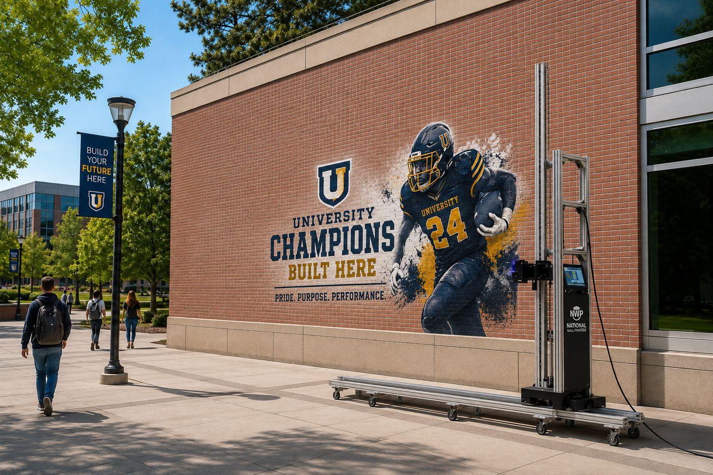 A printed athletics mural on a university brick facade, with the wall printer on its rail beside it