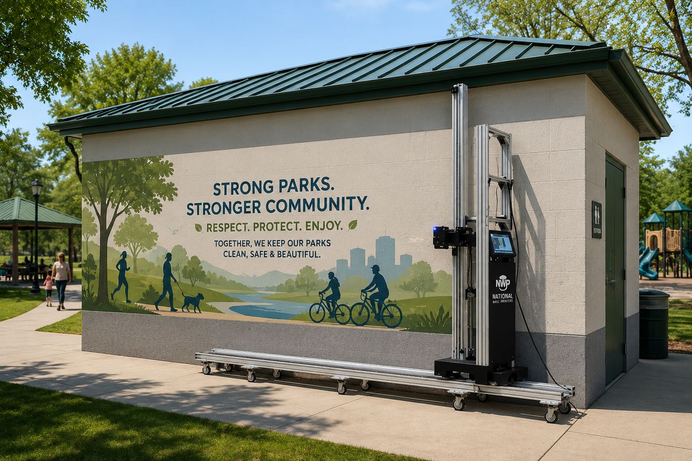A printed parks mural on a park building exterior, with the wall printer on its rail beside it