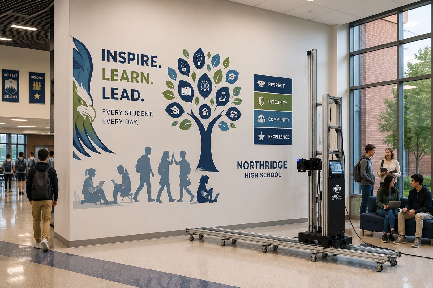 A printed inspirational mural in a high school commons, with the wall printer on its rail beside it