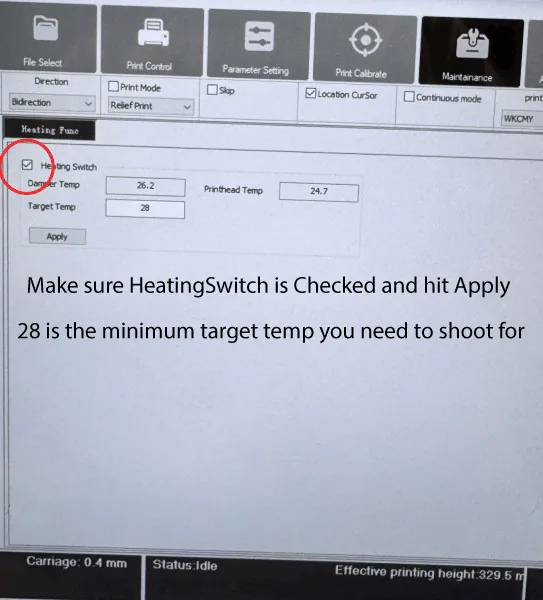 The Maintenance tab of the GT3200 software with the Heating Switch checked, damper temperature 26.2, printhead temperature 24.7 and the target temperature set to 28
