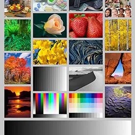 Collage of colorful images: flowers, fruits, landscapes, grayscale bars, and color charts. Includes nature scenes and digital patterns.