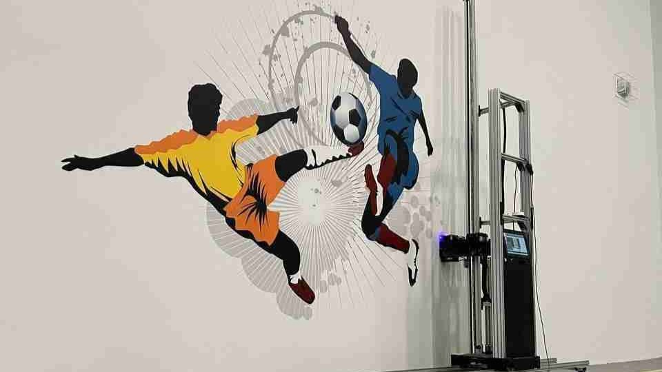 The NWP GT3200 wall printer standing on its rail beside a finished full-color mural it printed