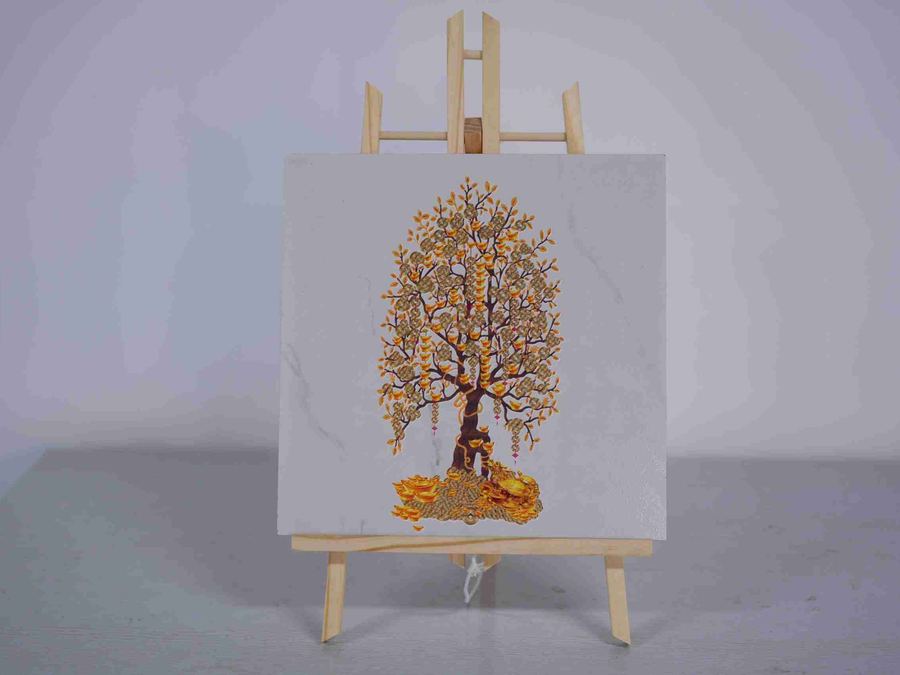 A printed graphic on tile, displayed on an easel